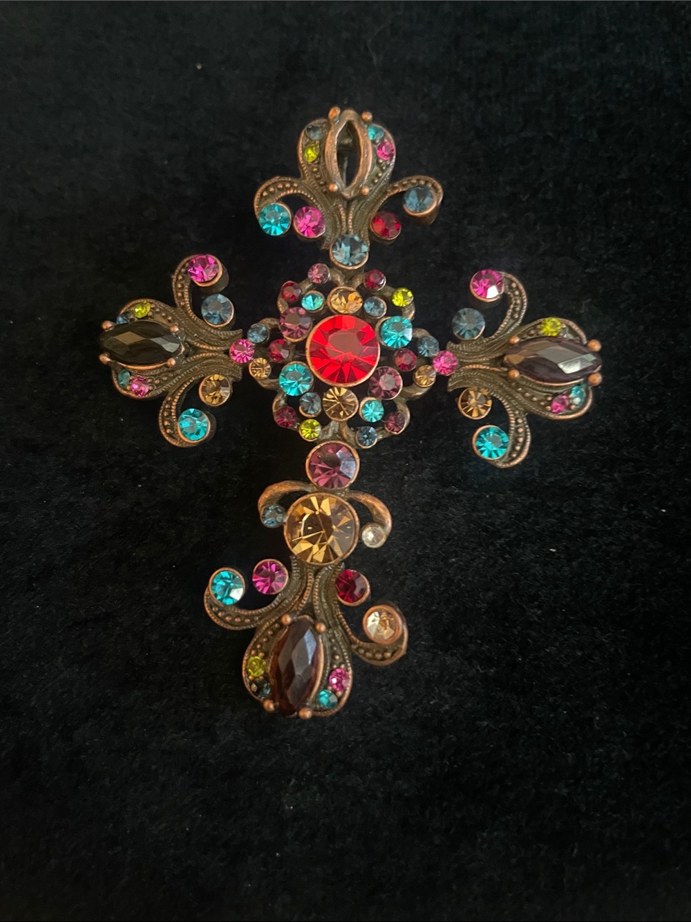 VINTAGE Multicolor Gemstone Cross Brooch
